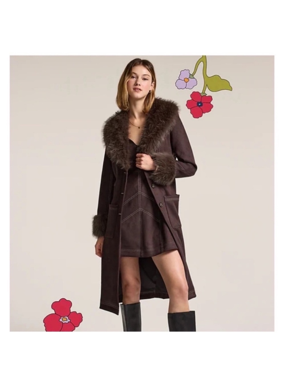 Anna Sui Dark Brown Faux-Fur Trim Trench Coat
